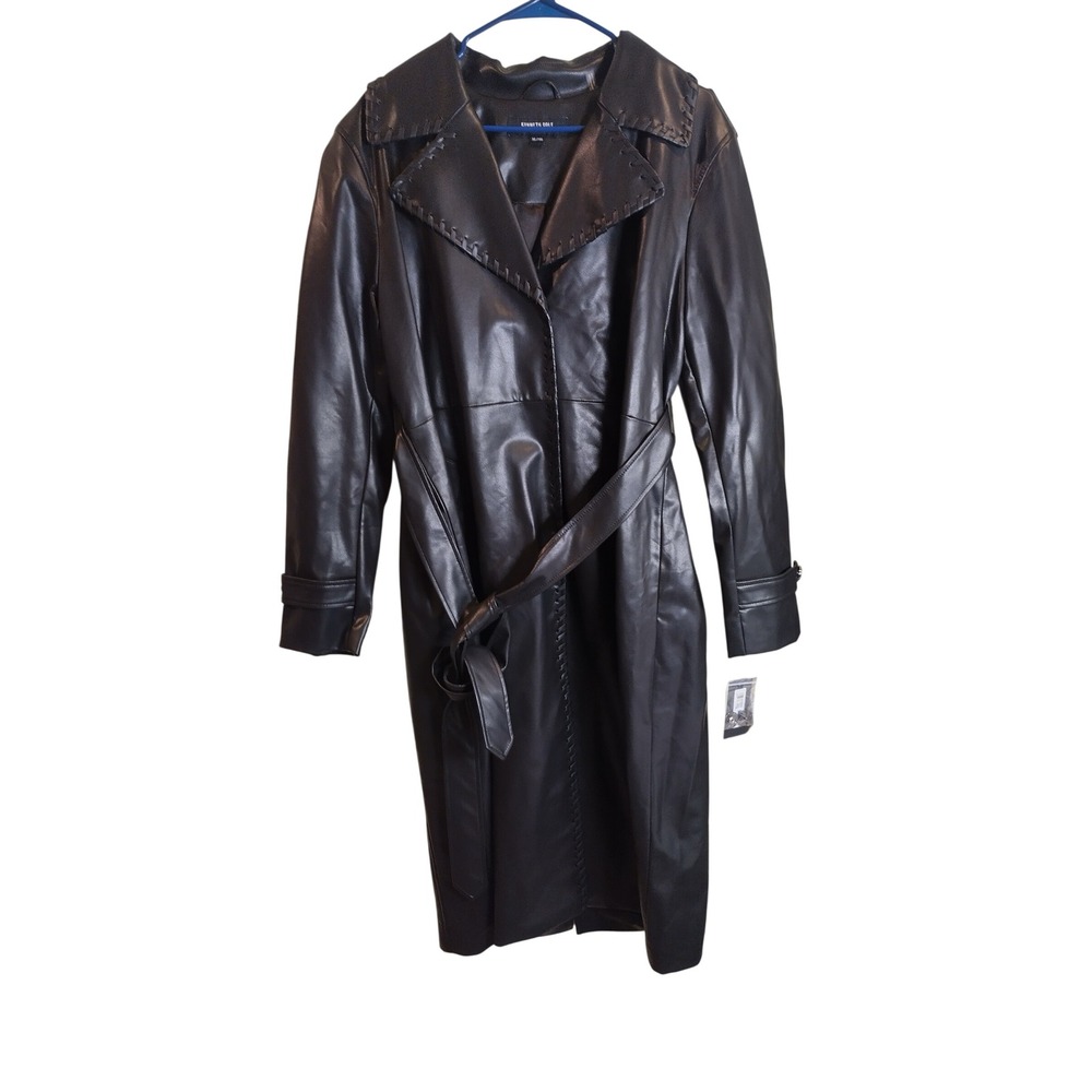 Kenneth Cole New York Womens Faux Leather Whipstitch Trench Coat Black XL NEW